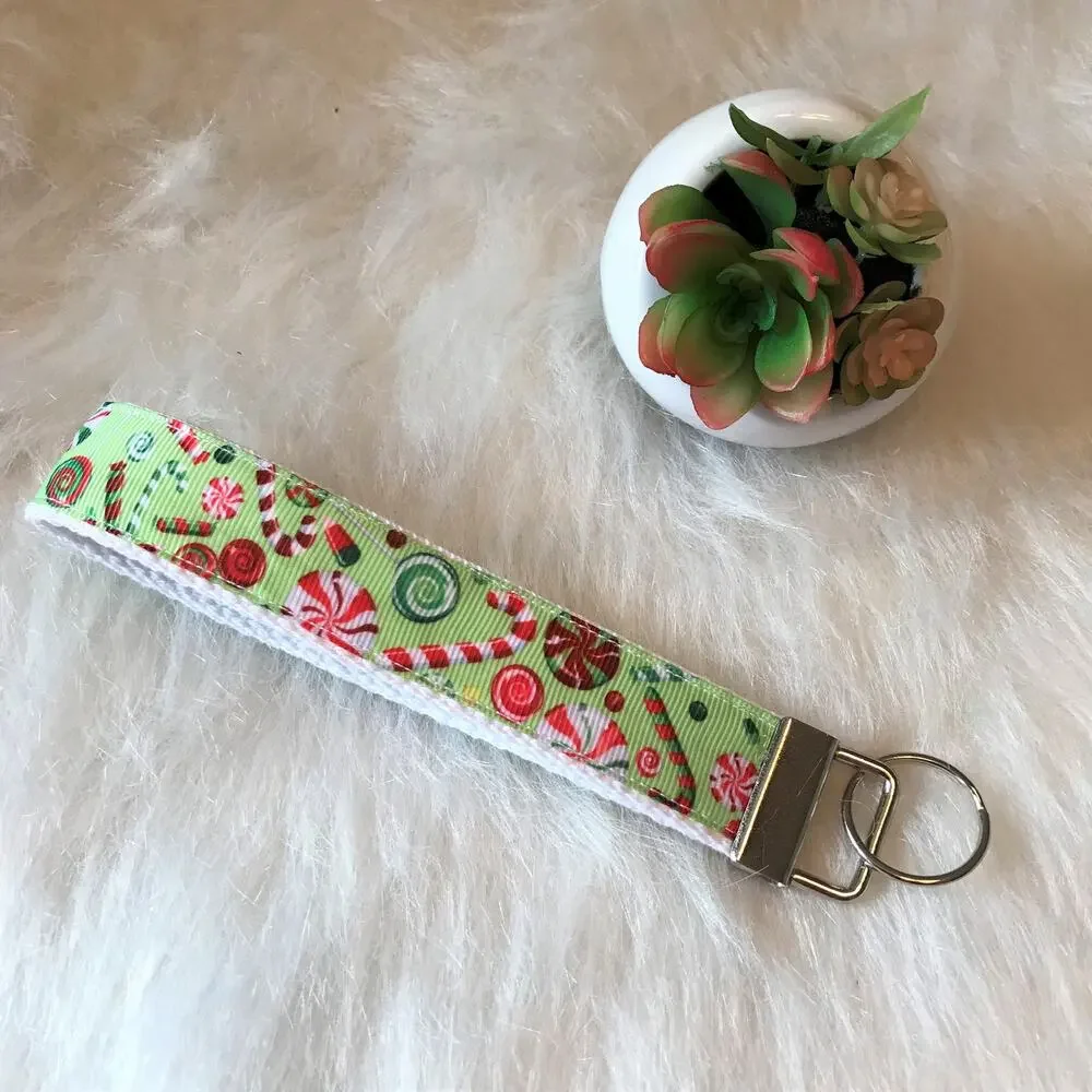 Handmade Wristlet Key Fob Holder Key Chain Candy Cane Christmas Holiday